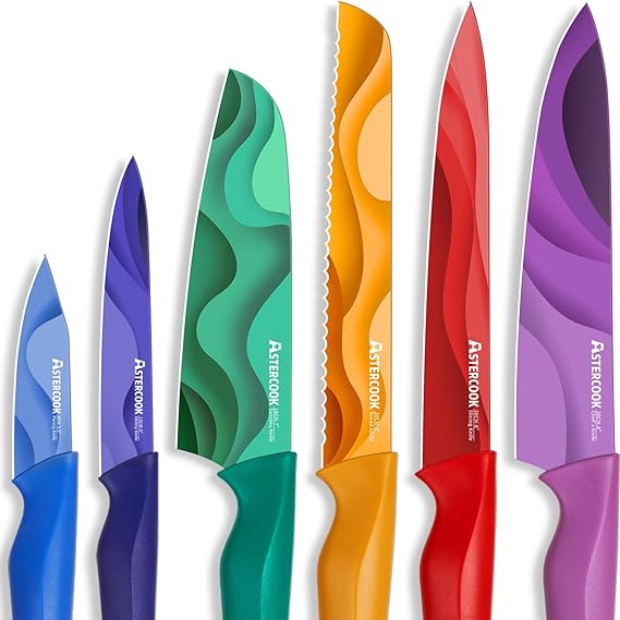 Astercook Fantasy Space Pattern Knife Set with Cover, Dishwasher Safe Colorful Knives with 6 Knife Sheath, German Stainless Steel Rainbow Knife Set