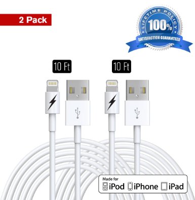 (2 Pack) 10 FT Certified iPhone 5 & 6 Charging Cable Lightning Cord - Genuine Authentication Chip Ensures The Fastest Charge and Sync For Latest iPads iPods & IOS Devices. Lifetime Guarantee!