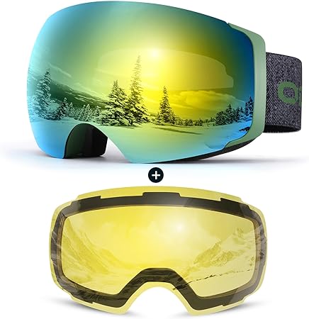 Odoland Magnetic Interchangeable Ski Goggles with 2 Lens, Large Spherical Frameless Snow Snowboard Goggles for Men Women