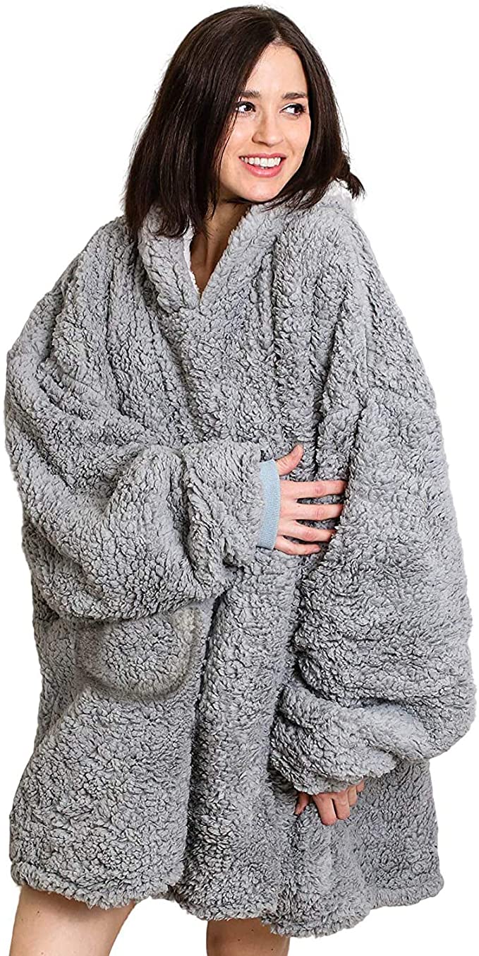 Roore Oversized Sherpa Wearable Blanket Hoodie | Super Soft Warm Reversible Hooded Sweatshirt Thick Plush Giant Pullover Fleece Sweater for Adult Men Women Teens Kids (Gray)