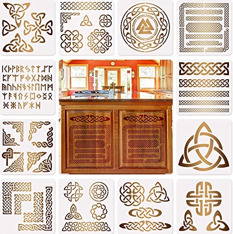 12 Pieces Viking Knot Stencils Viking Symbol Templates Stencils for Scrapbooking Drawing Tracing DIY Furniture (6 x 6 Inch/ 15 x 15 cm)