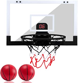 Basketball Hoop, Indoor Mini Basketball Toy, Gift for Kids Boys Girls Teens Adults, Over The Door, Window, Electronic Score Record and Cheer Sound, 17x10.4 Acrylic Board, 2 Mini Basketballs