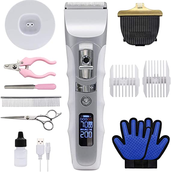 JAKEMY Dog Clippers Low Noise Pet Clippers Rechargeable Dog Trimmer Cordless Pet Grooming Tool Comb Guides Scissors Nail Kits with LED Screen Pet Glooming Glove for Dogs Cats & Others