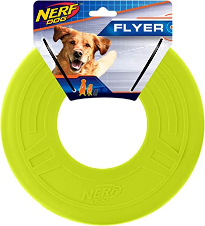 Nerf Dog Tire Flyer Dog Toy, Frisbee, Lightweight, Durable and Water Resistant, Great for Beach and Pool, 10 inch Diameter, for Medium/Large Breeds, Single Unit, Green