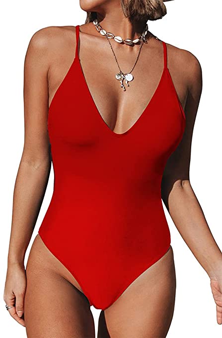 LAGSHIAN Women's Sexy One Piece Swimsuit V Neck Cross Back Swimwear Bathing Suit