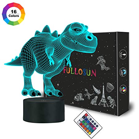FULLOSUN 3D Dinosaur Bedside Lamp, T-rex Illusion Night Light 16 Colors Changing Remote Control Room Decor Xmas Halloween Birthday Gift for Kids Baby Boy Nursery