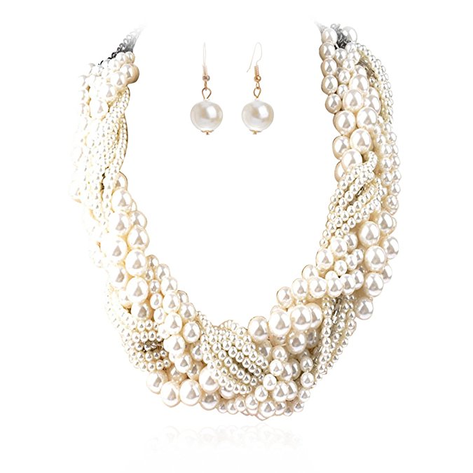 IPINK Women's Fashion Jewelry Pearl Multi-pearl Shell Necklace Chokers Chains Earring Jewelry Set