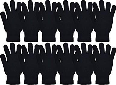 Winter Magic Gloves, 12 Pairs Unisex, Stretchy Warm Knit Bulk Pack One Size Mens Womens, Wholesale (12 Pairs Black)