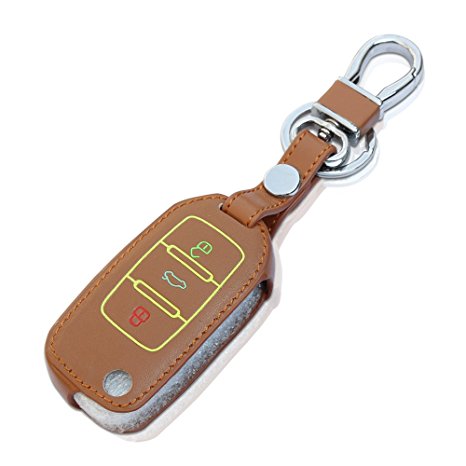 AndyGo Luminous Leather Remote Key Fob Case Fit For Volkswagen Skoda Seat 3 Button Brown