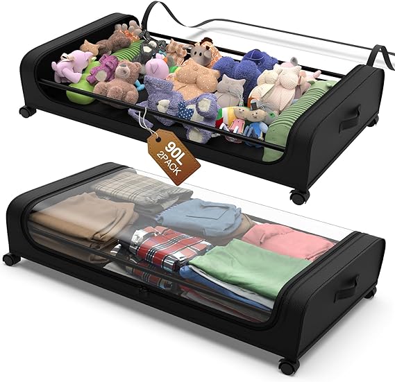 Under Bed Storage with Wheels, 2Pack Under the Bed Storage Containers with Clear Window Lid, 45L Large Capacity Underbed Storage Containers, Underbed Storage Bins for Clothes, Toys And Shoes, Bedding