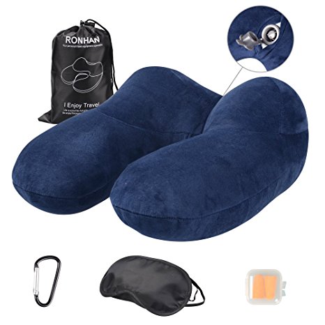 RONHAN Travel Pillow U Shaped Inflatable Neck Pillows for Neck Support Compact & Lightweight with Luggage Clip, EarPlugs, EyeMask, and Drawstring Bag for Travel with Airplane, Train, Car (Navy)
