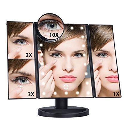 Makeup Mirror 22LED Lighted Tri-fold Vanity Mirror with Touch Screen 10X/3X/2X/1X Magnification USB Charging 180°Adjustable Stand for Countertop Cosmetic Makeup-Huston Lowell (Black)