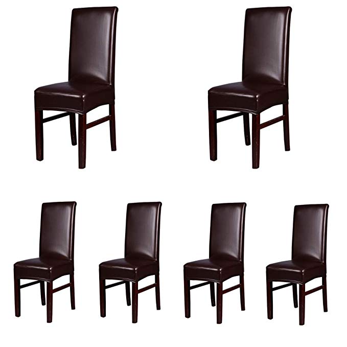My Decor Dining Chair Covers, Solid Pu Leather Waterproof Stretch Dining Chair Protctor Cover Slipcover (6, Coffee)