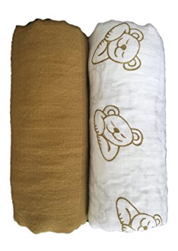 Muslin Swaddle Blankets 2 Pack - Seben Baby - 47 inch x 47 inch - 100% Cotton - Bear
