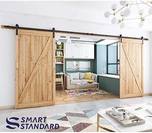 16ft Double Door Sliding Barn Door Hardware Kit - Smoothly and Quietly - Simple and Easy to Install - Includes Step-by-Step Installation Instruction -Fit 42"-48" Wide Door Panel(I Shape Hanger)