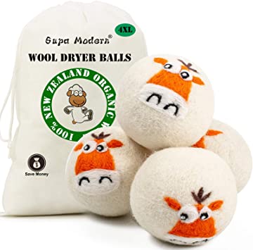 Handmade Wool Dryer Balls Organic XXL 4-Pack, Reusable Natural Fabric Softener, 100% New Zealand Wool, Shorten Drying Time, Chemical Free and Reduces Wrinkles