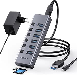 Inateck Hub USB 3.0 Alimenté, 8-en-1 Aluminium Multi Port USB avec 6 Ports USB-A et Slots pour SD/TF, Interrupteur Indépendant et Adaptateur Alimentation 20W (5V/4A), 2 Câble de 100 cm(Type A&C)