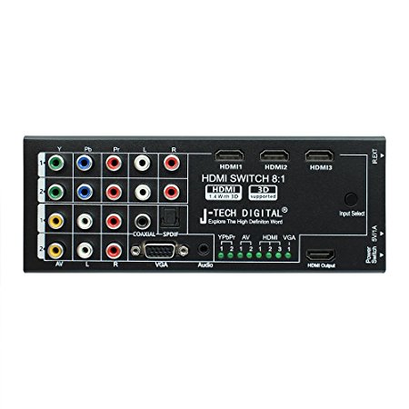 J-Tech Digital Latest Generation Multi-Functional HDMI Audio Extractor with 8 Inputs to 1 HDMI Output with Optical / Coaxial 5.1 Channel Support 3D & Surround Sound