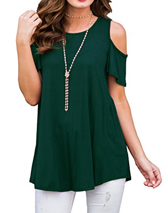 PrinStory Women's Short Sleeve Casual Cold Shoulder Tunic Tops Loose Blouse Shirts