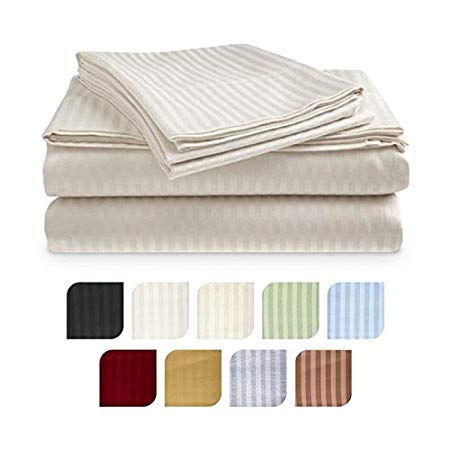 Crystal Trading 4-Piece Bed Sheet Set - Dobby Stripe - 100% Cotton Sateen - 400 Thread Count (Full, Ivory)
