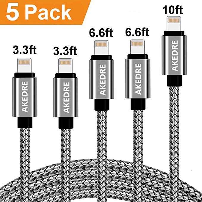 Charger Cables, 5Pack [10FT 6.6FT 6.6FT 3.3FT 3.3FT] Nylon Braid USB Syncing and Charging Cable Data Nylon Braided Cord Charger Compatible with Phone X / 8/8 Plus /7/7 Plus/6/6 Plus/6s Plus/5/5s/5c