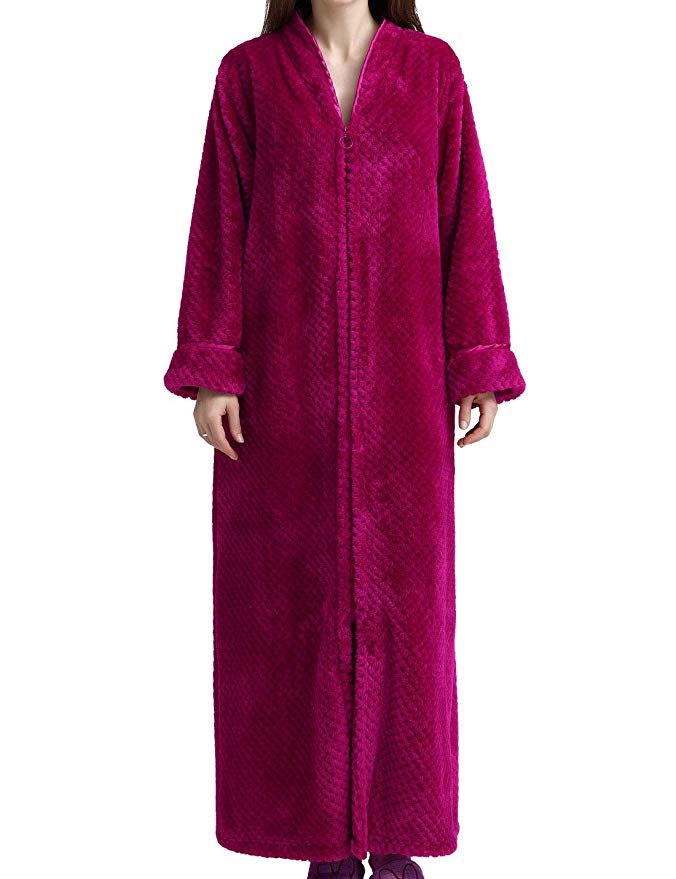 Jenkoon Womens Zipper Front Fleece Flannel Robe Plush Long Warm Bathrobe Loungewear with Pockets