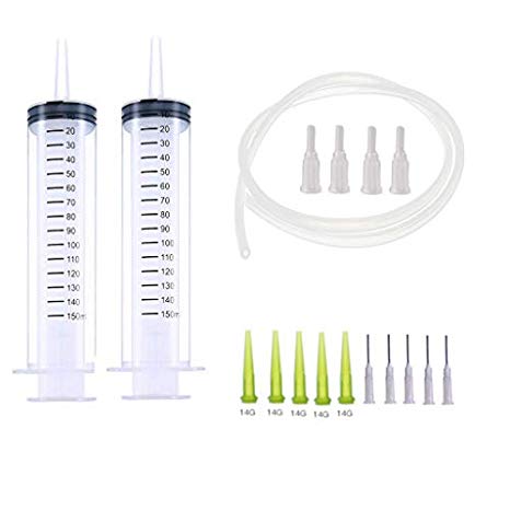 HUAHA 2 Pcs 150ML Large Plastic Reusable Measuring Syringe with 100cm(40") Tubing, 4 Pcs Caps, 10 Pcs Dispenser Needles