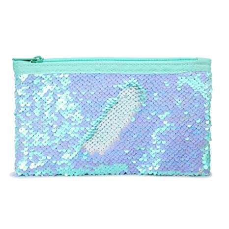 Cute Pencil Case Glitter Reversible Sequin Pen Pencil Pouch for Girls Cosmetic Makeup Organizer Bag Purse for Women (Teal)