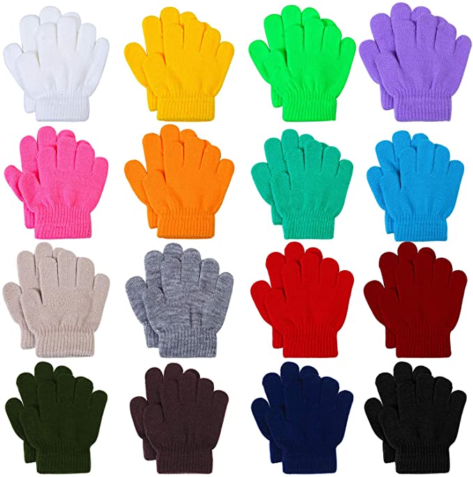 Cooraby 16 Pairs Winter Kids Warm Magic Gloves Full Fingers Stretchy Knitted Gloves for Boys or Girls