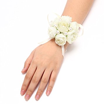 FAYBOX Girl Bridesmaid Wedding Wrist Corsage Party Prom Hand Flower Decor Pack of 4 Ivory