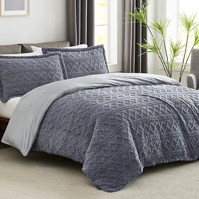 TOPCEE Grey Duvet Cover Queen Size-Tufted Queen Duvet Cover Set-Extremely Fluffy Soft Plush, 3 Pieces with Zipper Closure (1 Bedding Duvet Cover 90x90 inches and 2 Pillow Shams)