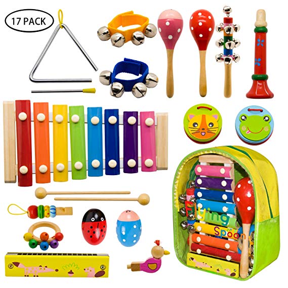 Flying Spoon Toddler Musical Instruments,17 Pack Wooden Musical Instruments Set Percussion Tambourine Xylophone for Kids Preschool Education Wooden Percussion Toys for Boys and Girls
