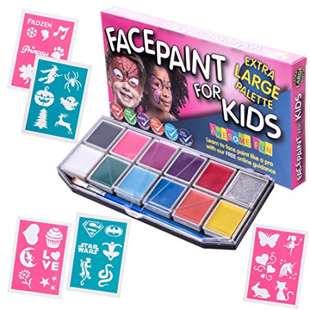 Face Paint Kit with 30 Stencils (XX-Large) Best Quality Face Painting Set for Kids -12 Colors  Glitter Gel  3 Brushes - Halloween Party Pack  FREE Online Guide, Cosmetic Grade Non-Toxic, Boys & Girls