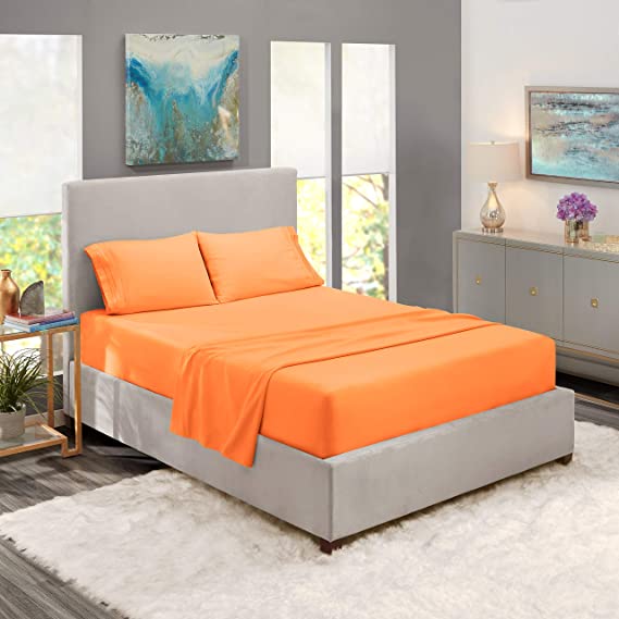 Nestl Bedding Soft Sheets Set – 4 Piece Bed Sheet Set, 3-Line Design Pillowcases Wrinkle Free – 8”–12” Fitted Sheet for Low Profile – RV Short Queen, Light Orange