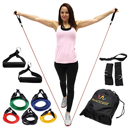 Wacces® Set of 5 NEW Premium Latex Resistance Bands Tubes Cords w/ Free Door Anchor and Exercise Manual. Perfect for Use with P90x, Slimin6, Insanity, Crossfit, Pilates and Physical Therapy