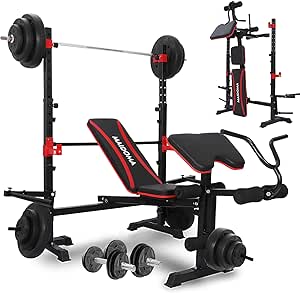 Bench Press, Adjustable Weight Bench with Leg Extension/Curl and Squat Rack, Foldable Workout Bench with Preacher Curl, Multifunctional Bench Press Set for Home Gym, 6 in 1, 900LBS(US Stock)