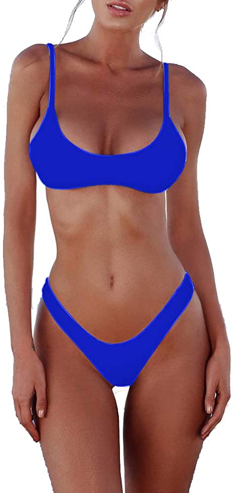 SherryDC Women's Solid Scoop Neck Push up Padded Brazilian Thong Bikini Swimsuit Bathing Suit