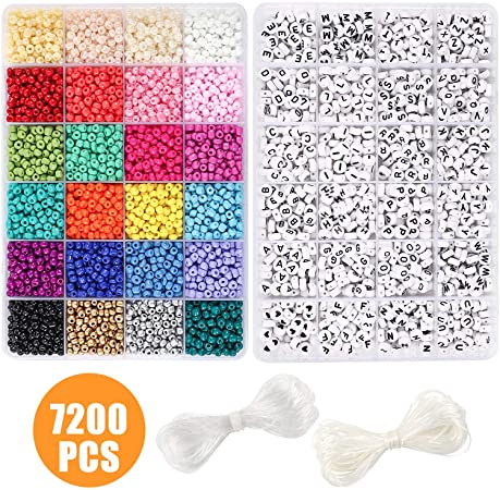 DICOBD Beads Kit 6000pcs 4mm Glass Seed Beads and 1200pcs Letter Beads with 2 Rolls of Cord for Bracelets Necklaces and Key Chains Making