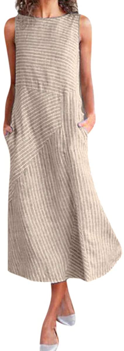 Women Casual Striped Sleeveless Dress Crew Neck Linen Pocket Long Dress