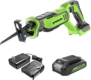 Greenworks 24V Brushless 1" Compact Reciprocating Saw (3,000 SPM), 2.0Ah Battery and Compact Charger Included