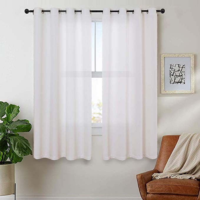 Vangao White Curtains Linen Textured for Living Room Drapes for Bedroom 54 inches Long Light Reducing Window Treatment Set 2 Panels Grommet Top, 1 Pair