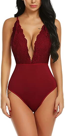 Pintimi Women Snap Crotch Bodysuit Lingerie Deep V Plunging Teddy Lace Backless Teddy