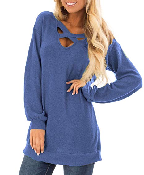 NuoReel Casual Tops for Autumn Criss Cross Front Long Sleeve V Neck Sweatershirt Solid Loose Tunic