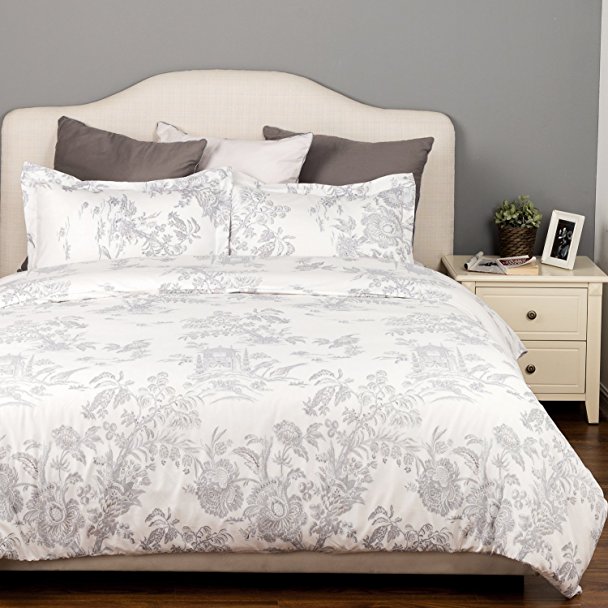 Duvet Cover Set with Zipper Closure-Printed Grey Toile Reversible Design,Full/Queen (90"x90")-3 Piece (1 Duvet Cover   2 Pillow Shams)-Ultra Soft Hypoallergenic Microfiber by Bedsure