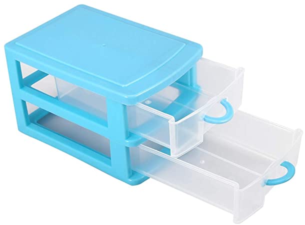 Mini Drawer Organizer, Plastic Jewelry Makeup Storage Box with Adjustable Detachable Dividers for Small Accessories (2 Layers Blue)