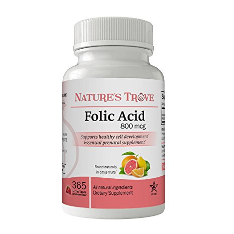 Folic Acid 800 mcg (B9 Vitamin) by Nature's Trove - 365 EZ Chew Tablets Strawberry Flavor