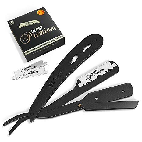 Equinox Professional Matte Black Straight Edge Razor with 100 Single Edge Derby Premium Blades - For Barbers, Salons, and Hair Enthusiasts