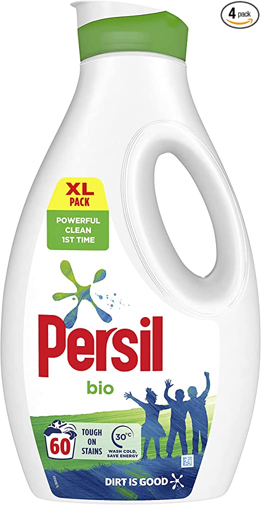 Persil Bio stain removal first time Laundry Washing Liquid Detergent 100% recyclable bottle 4 x (60 wash 1.62 l)