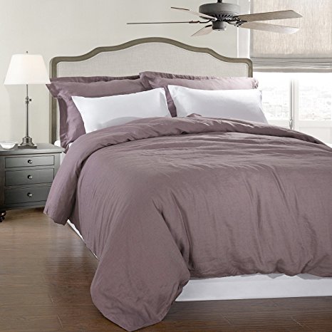 Simple&Opulence 100% Linen Stone Washed 3pcs Basic Style Solid Duvet Cover Set (Queen, Purple)