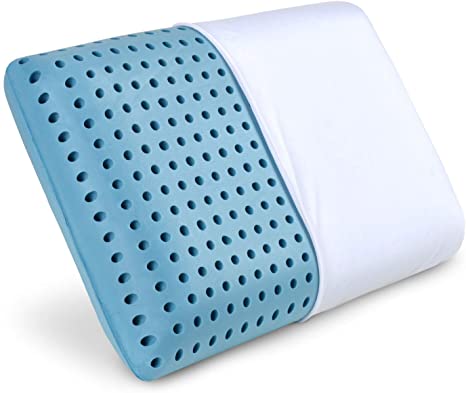 PharMeDoc Blue Cooling Memory Foam Pillow Ventilated Hole-Punch Memory Foam Bed Pillow Infused with Cooling Gel incl. Removable Pillow Case - Standard Size.